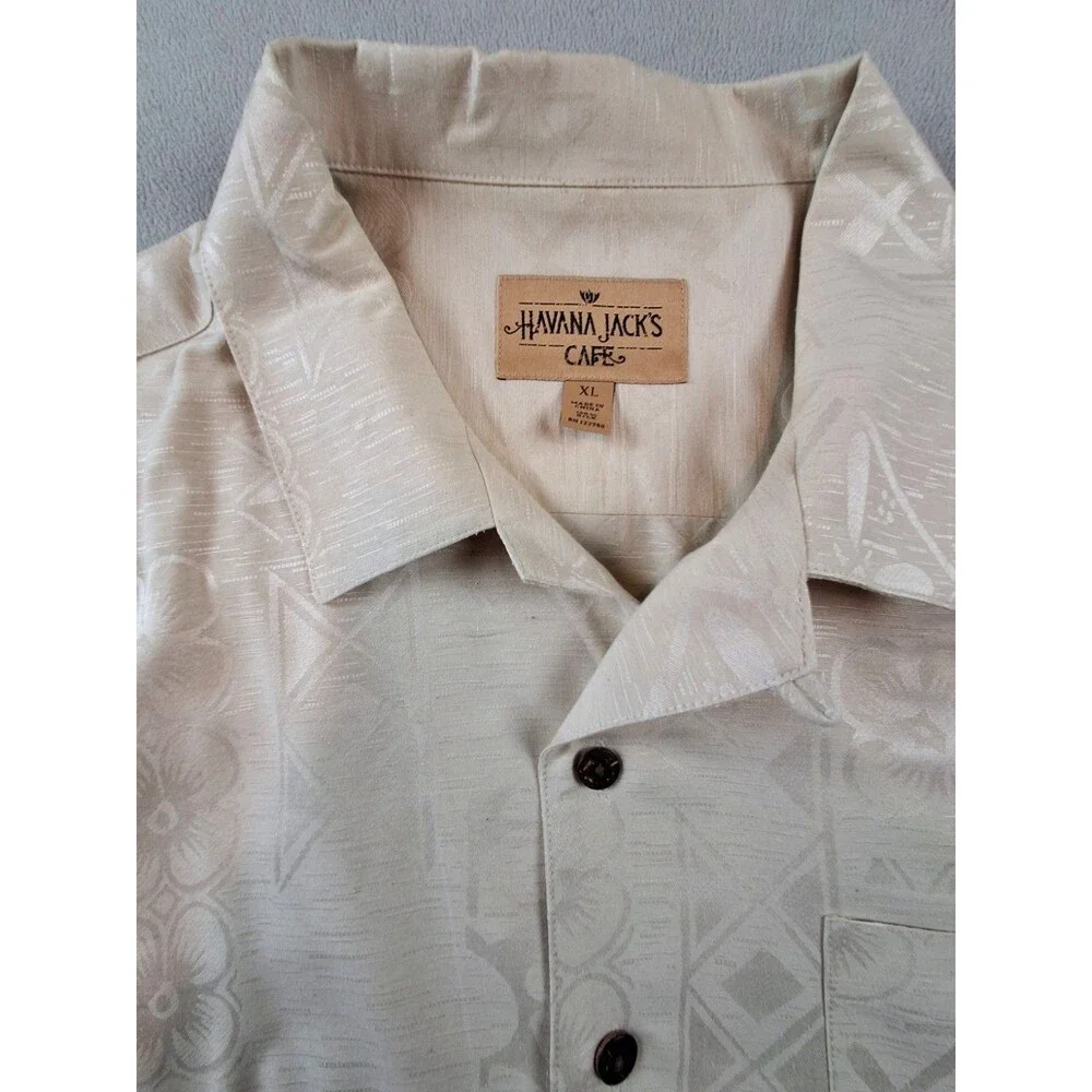 Havana Jack’s 100% Silk Hawaiian Shirt XL Beige Aloha Camp Button Front Vintage - Picture 5 of 13